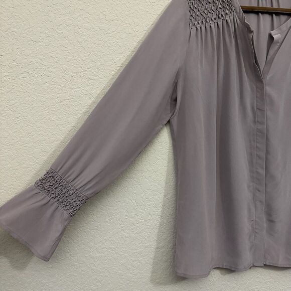 NWOT ECRU L/S Beaded Washable Silk Button-Up Shirt Pleated in Smokey Purple - Picture 4 of 12